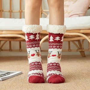 chaussons Noël en peluche Renne bordeaux
