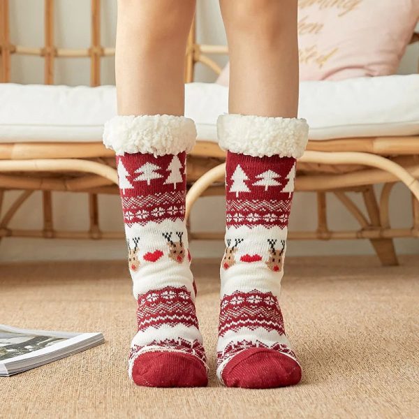 chaussons Noël en peluche Renne bordeaux