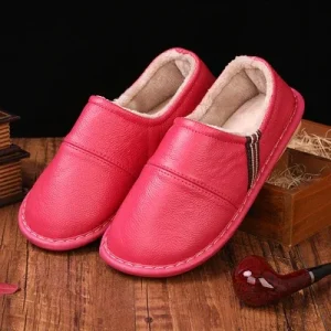 Chaussons cuir homme rose-rouge
