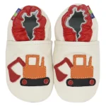 Chaussons bébé en cuir bleu avec motif tracteur