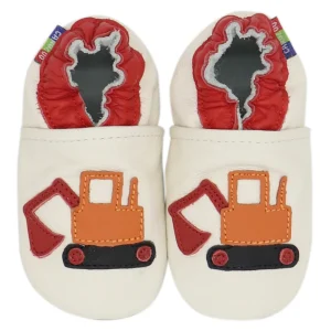 Chaussons bébé en cuir bleu avec motif tracteur