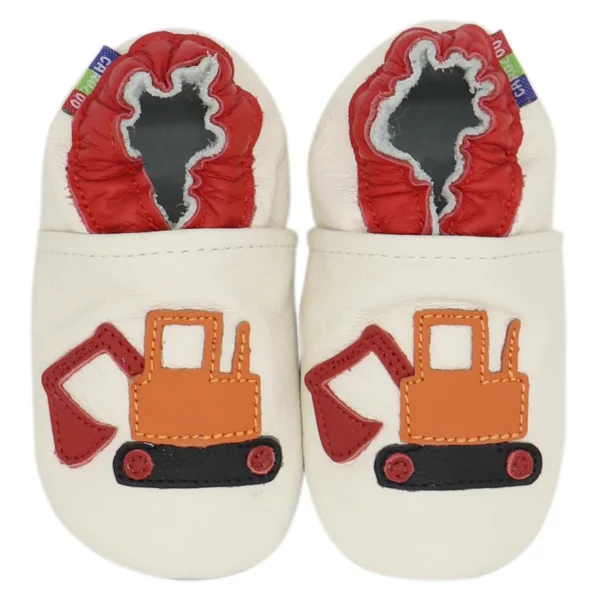 Chaussons bébé en cuir bleu avec motif tracteur