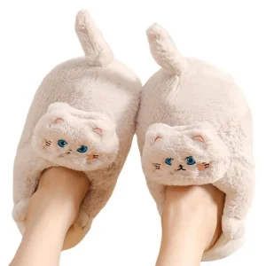 chausson chat beige doux