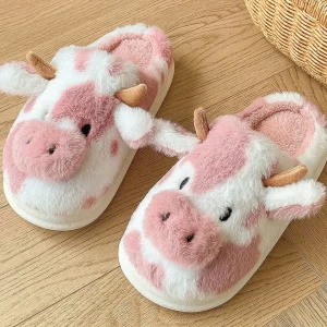 Chaussons vache rose avec semelle antidérapante