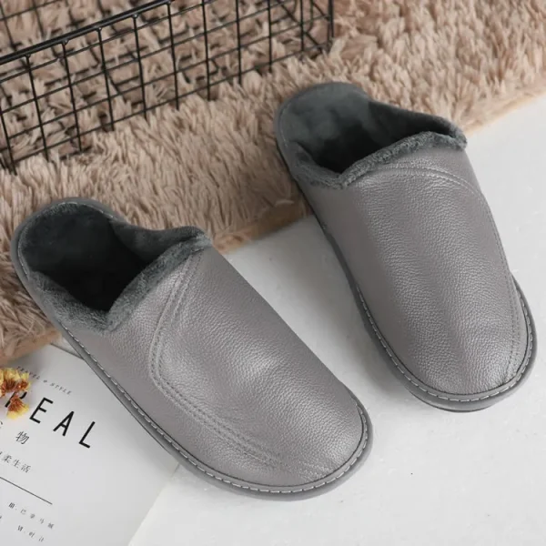 Chaussons cuir semelle lisse homme intérieur gris