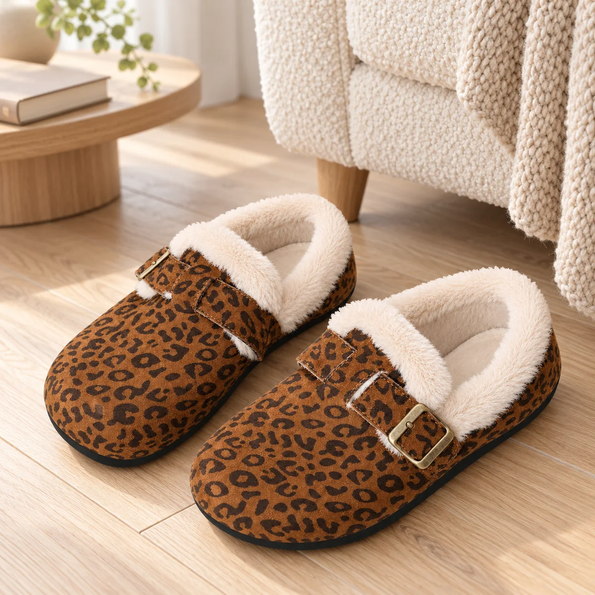 Chaussons femme léopard près d’un fauteuil