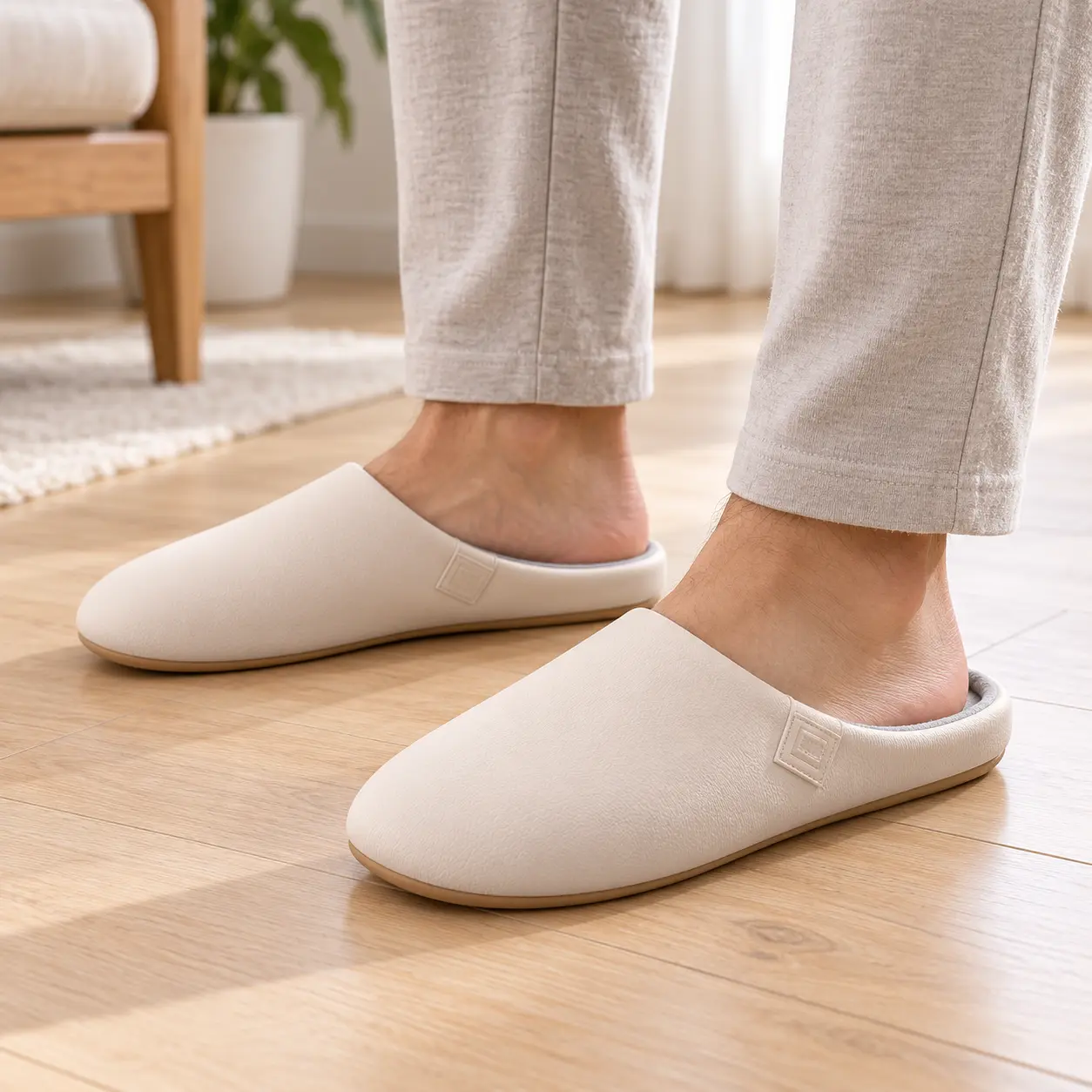 Homme portant des mules beiges à talon ouvert avec un pantalon clair, sur un parquet dans un intérieur lumineux.