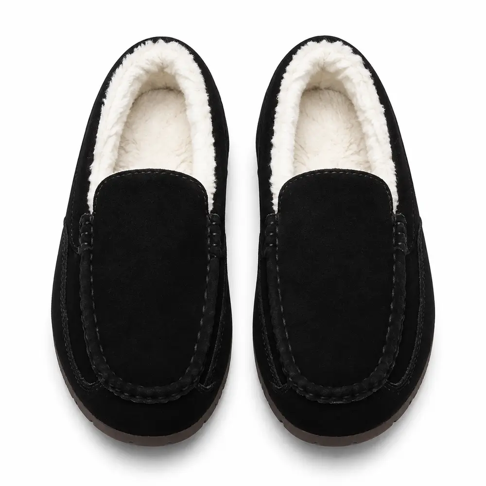 Paire de chaussons noirs vue du dessus, montrant les languettes et l’intérieur en peluche claire.