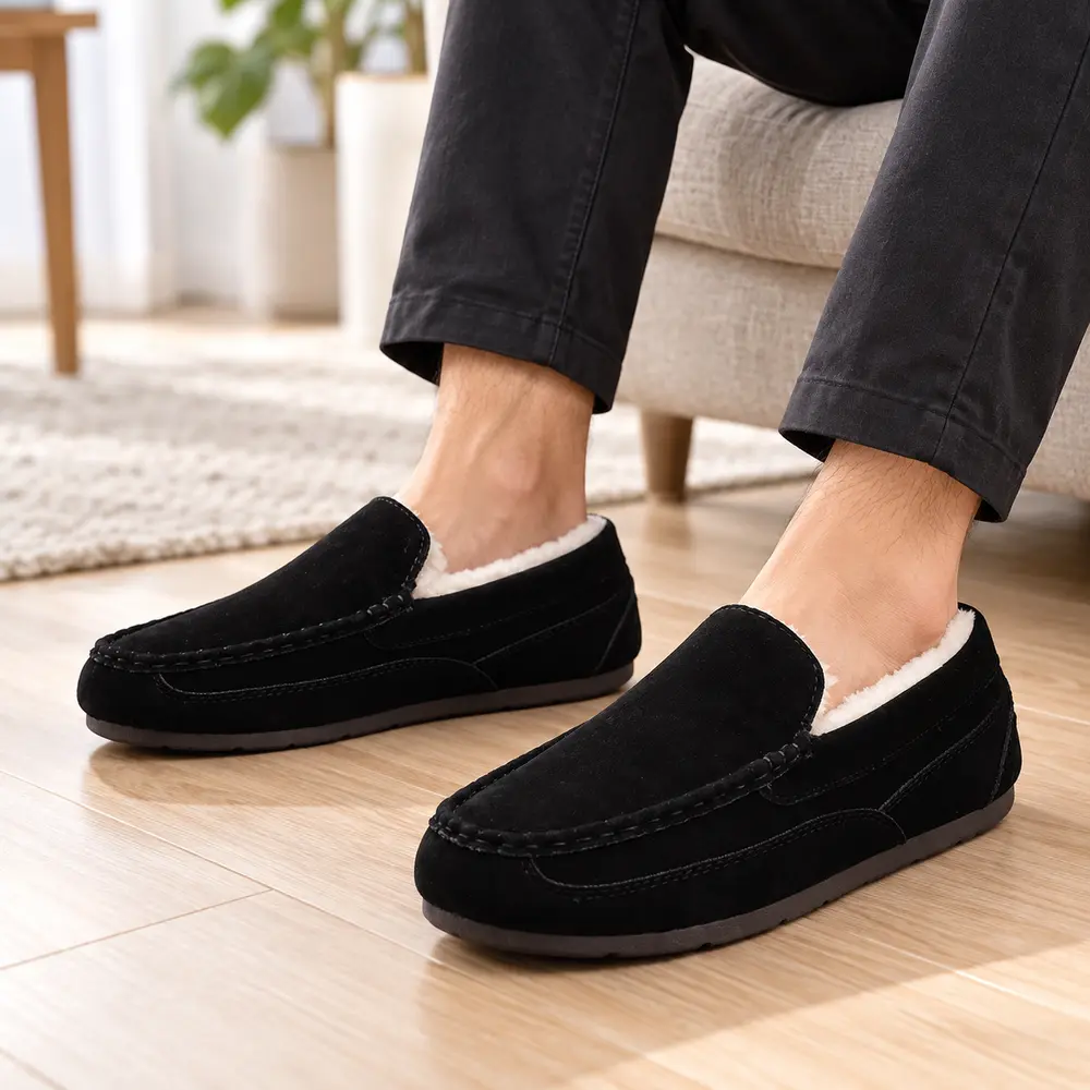 Homme portant des chaussons mocassins noirs doublés, assis sur un canapé, les pieds sur un parquet clair.