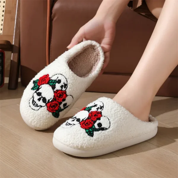 chaussons unisexe Halloween motifs crâne de rose blanc