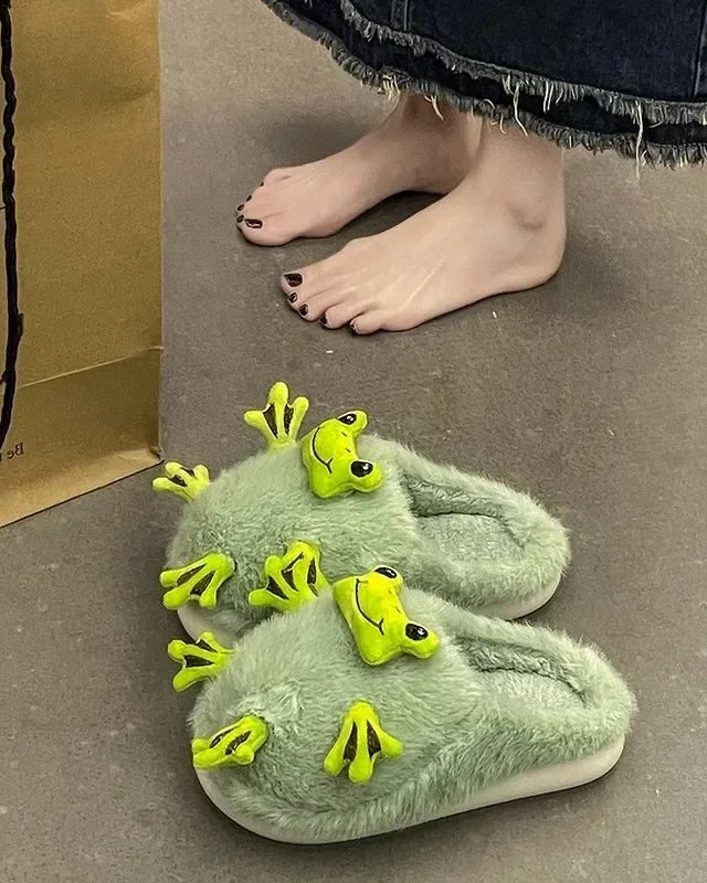 Chaussons rigolos grenouille en peluche