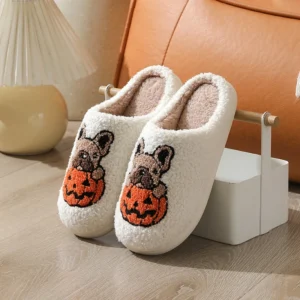 chaussons Halloween blancs motifs chien citrouille