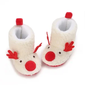 haussons Bébé Noël en peluche cerf Rouge & Blanc – Doux et Antidérapants