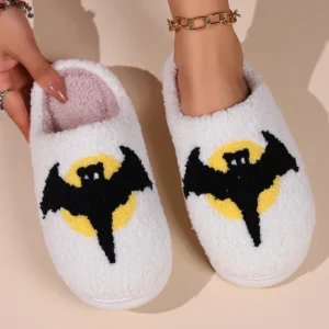 Chaussons Halloween  unisexe blancs - motifs Chauve-souris noire