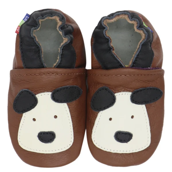 chaussons bébé motif chiot marron