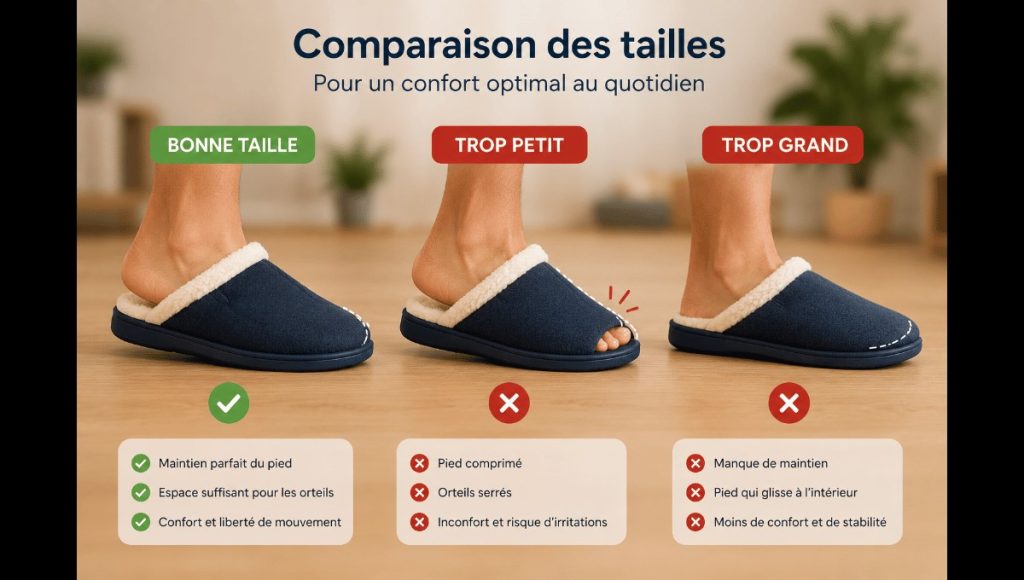 Comparaison entre un chausson à la bonne taille, un modèle trop petit et un modèle trop grand.