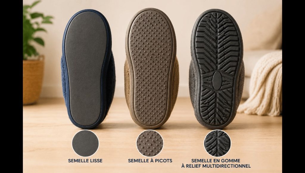 Comparatif d’une semelle lisse, d’une semelle à picots et d’une semelle en gomme à relief multidirectionnel.