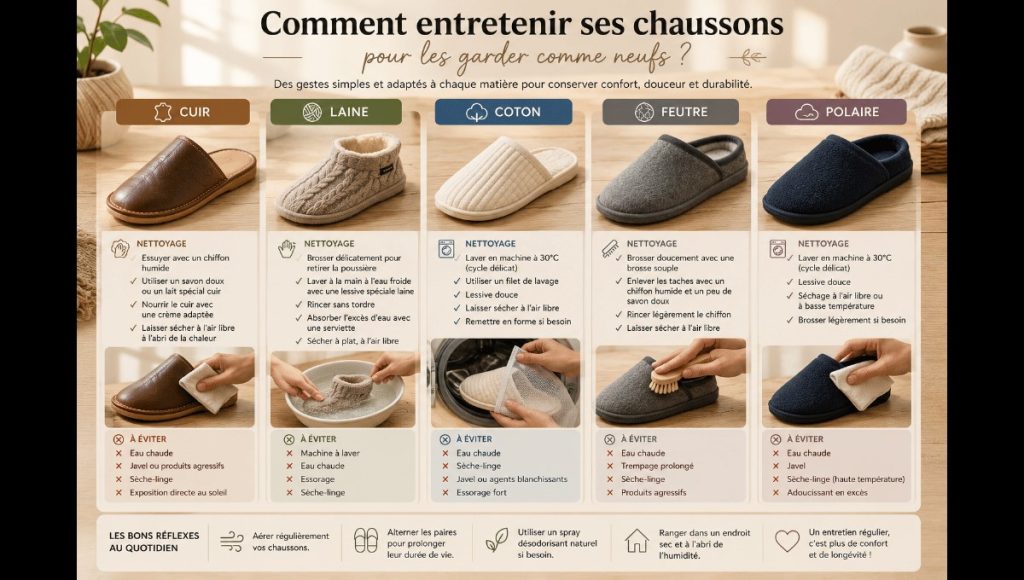 Comparatif des méthodes d’entretien pour des chaussons en cuir, laine, coton, feutre et polaire.