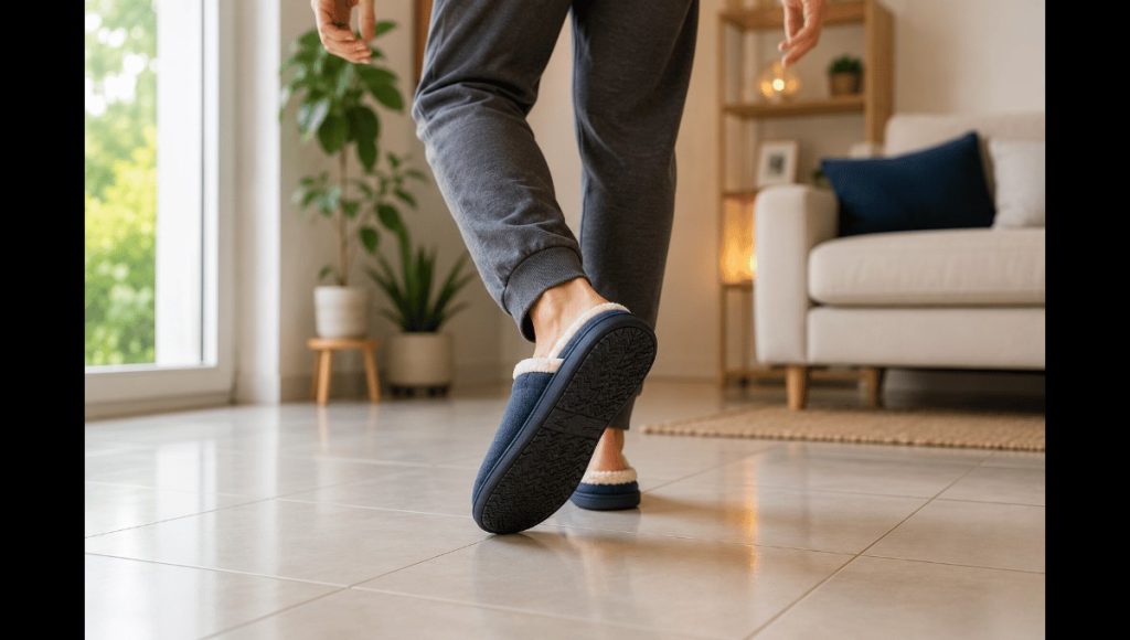Personne testant l’adhérence de chaussons antidérapants sur un sol carrelé à la maison.