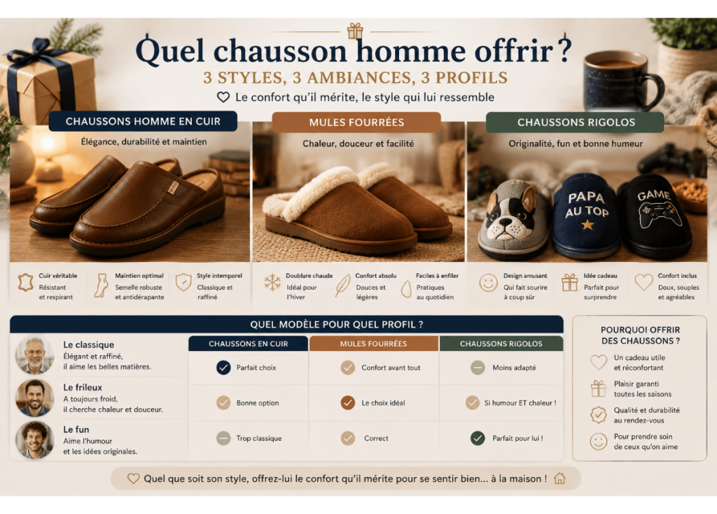 Comparatif de chaussons homme en cuir, mules fourrées et modèles rigolos selon le profil du destinataire.