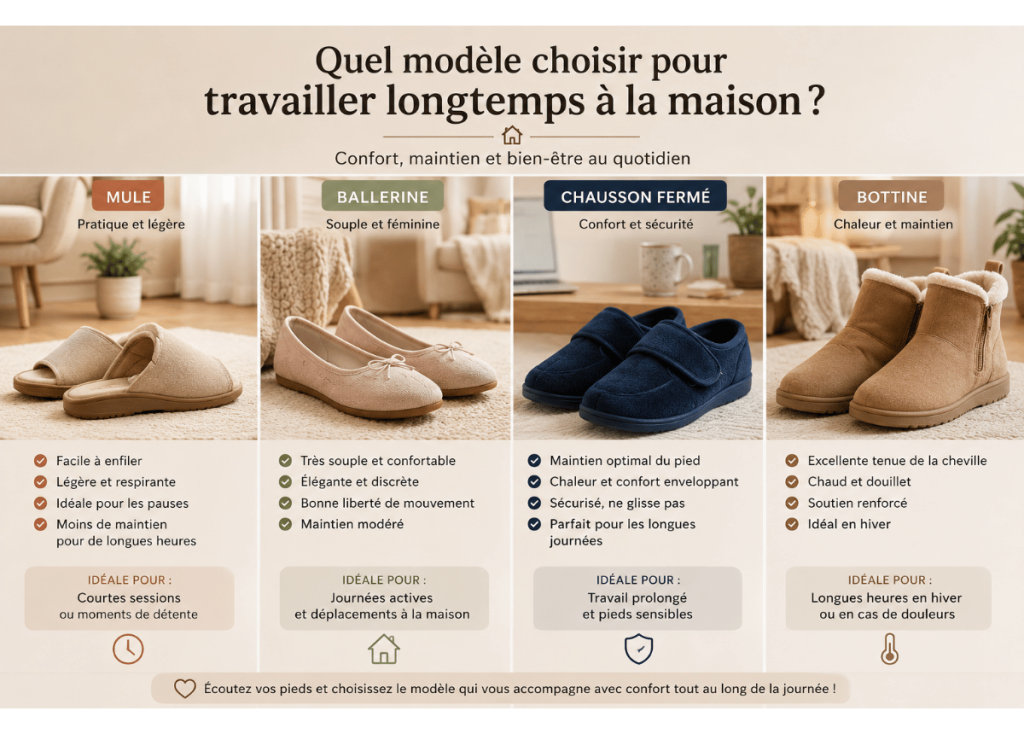 Comparatif entre mule, ballerine, chausson fermé et bottine pour travailler longtemps à la maison.