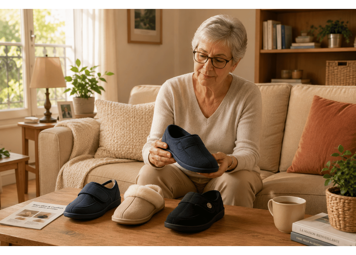 **Personne comparant des chaussons larges, souples et bien maintenus pour des pieds sensibles ou douloureux.**