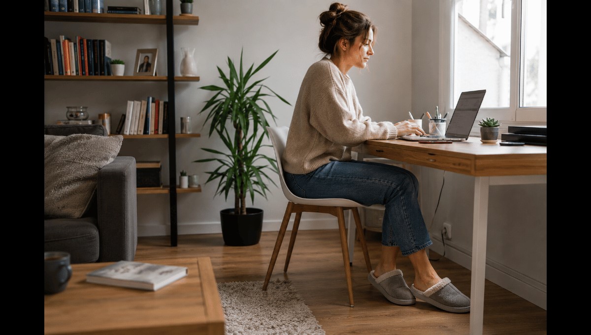 ALT : Personne en télétravail portant des chaussons confortables pendant une longue journée à la maison.