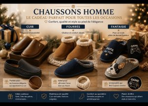 Sélection de chaussons pour homme en cuir, fourrés et fantaisie présentés comme idées cadeaux.