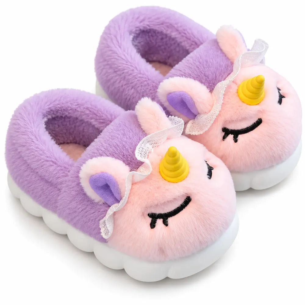 Chaussons licorne enfant doublés en peluche – Violet – Image 5