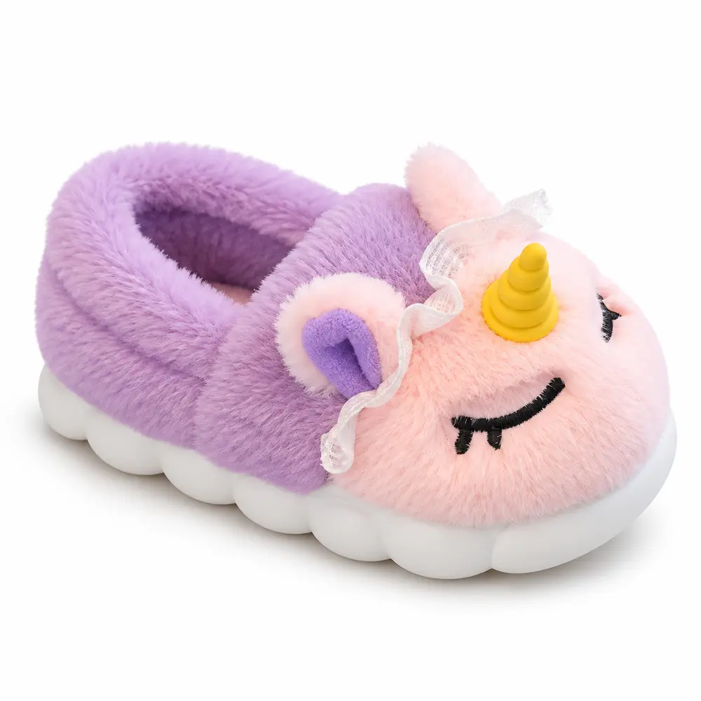 Chaussons licorne enfant doublés en peluche – Violet – Image 3