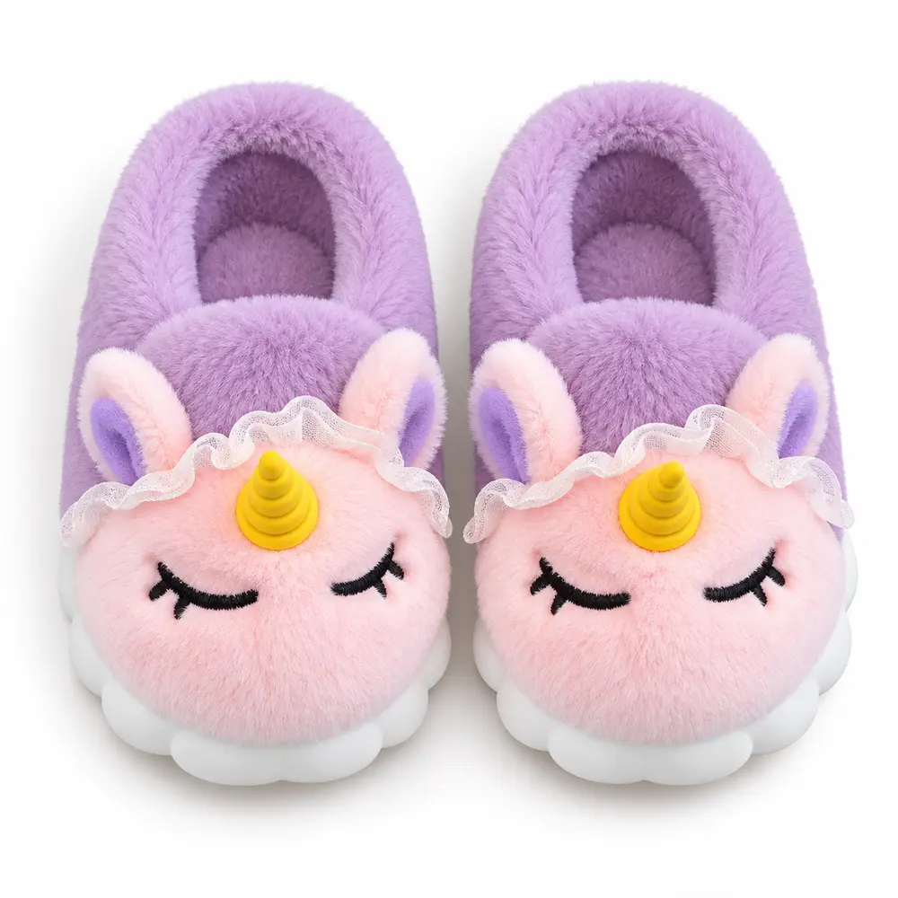 Chaussons licorne enfant doublés en peluche – Violet – Image 4