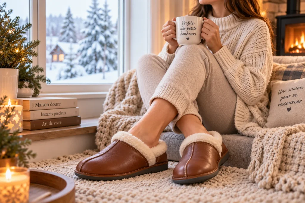 Personne portant des chaussons chauds près d’une fenêtre en hiver, dans un intérieur confortable et lumineux.