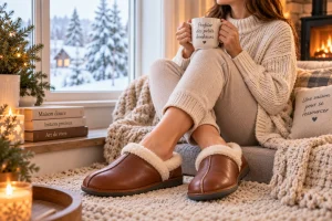 Personne portant des chaussons chauds près d’une fenêtre en hiver, dans un intérieur confortable et lumineux.