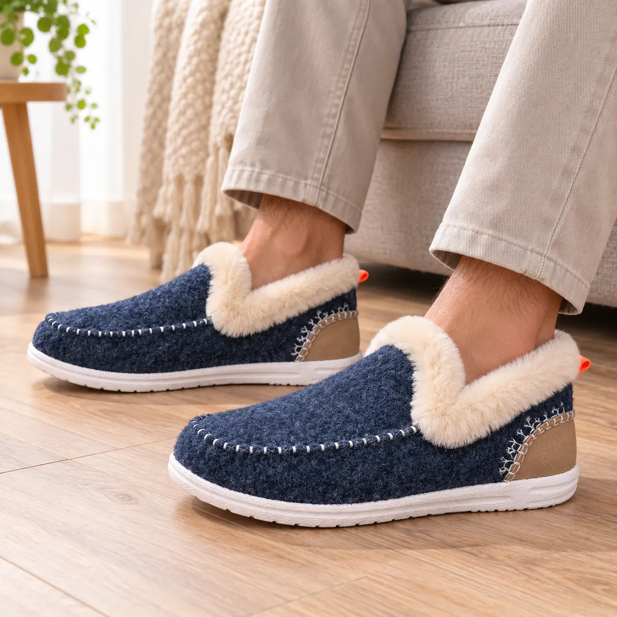 Homme portant des chaussons bleu marine à col beige, assis sur un canapé, les pieds sur un parquet clair.