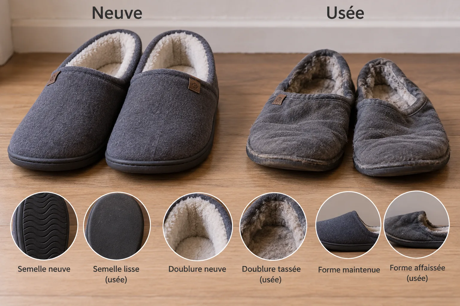 Paire de chaussons usée comparée à une paire neuve, avec semelle lisse, doublure tassée et forme affaissée.