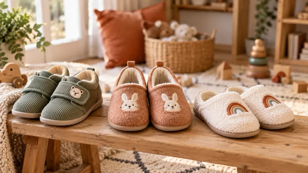 Comparatif entre chausson enfant à scratch, modèle fermé et mule selon le maintien et la facilité d’enfilage.