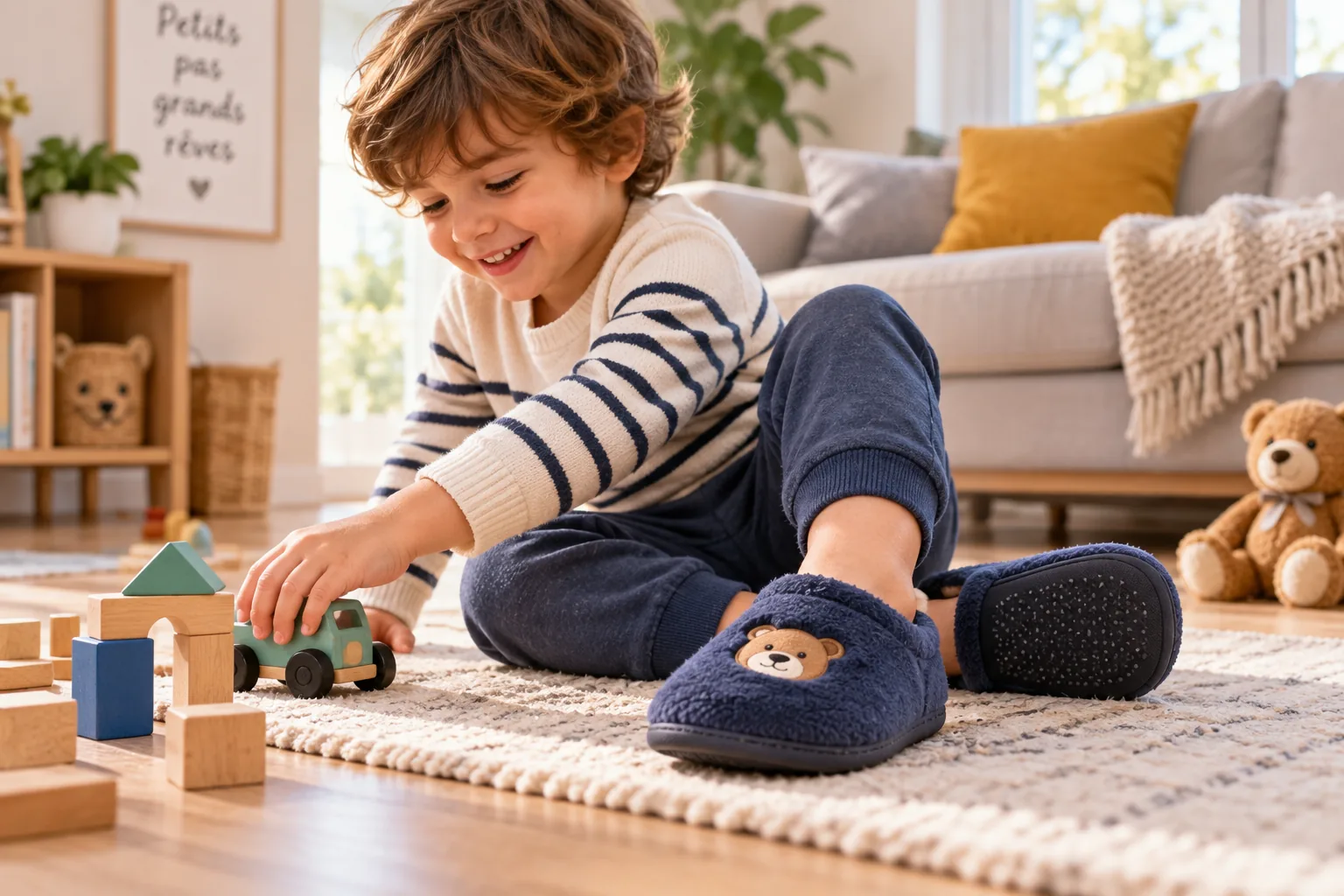 Enfant portant des chaussons confortables et antidérapants pendant qu’il joue à la maison.