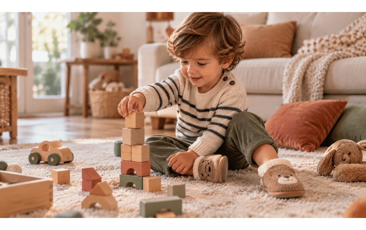 Enfant portant des chaussons confortables et antidérapants pendant qu’il joue à la maison.