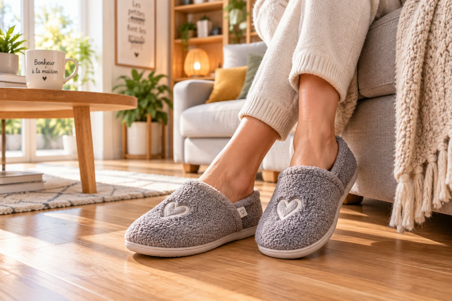 Personne portant des chaussons confortables dans un salon lumineux, avec parquet et intérieur chaleureux.
