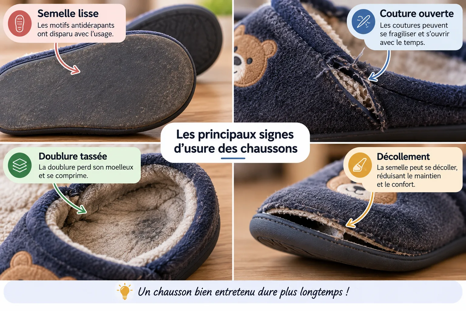 signes d’usure de chaussons : semelle lisse, couture ouverte et doublure tassée